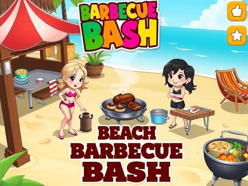 Beach Barbecue Bash game screenshot showing beach party with players cooking
