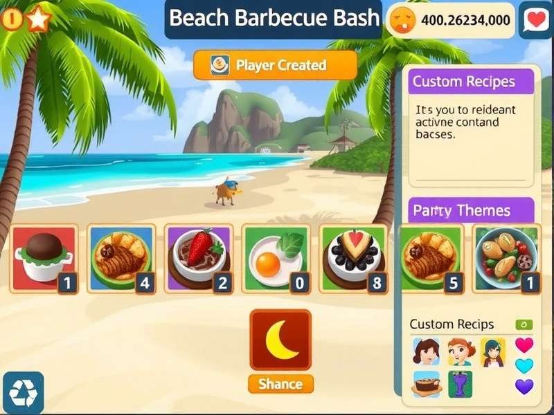 Beach Barbecue Bash showing player-created content like custom recipes and party themes